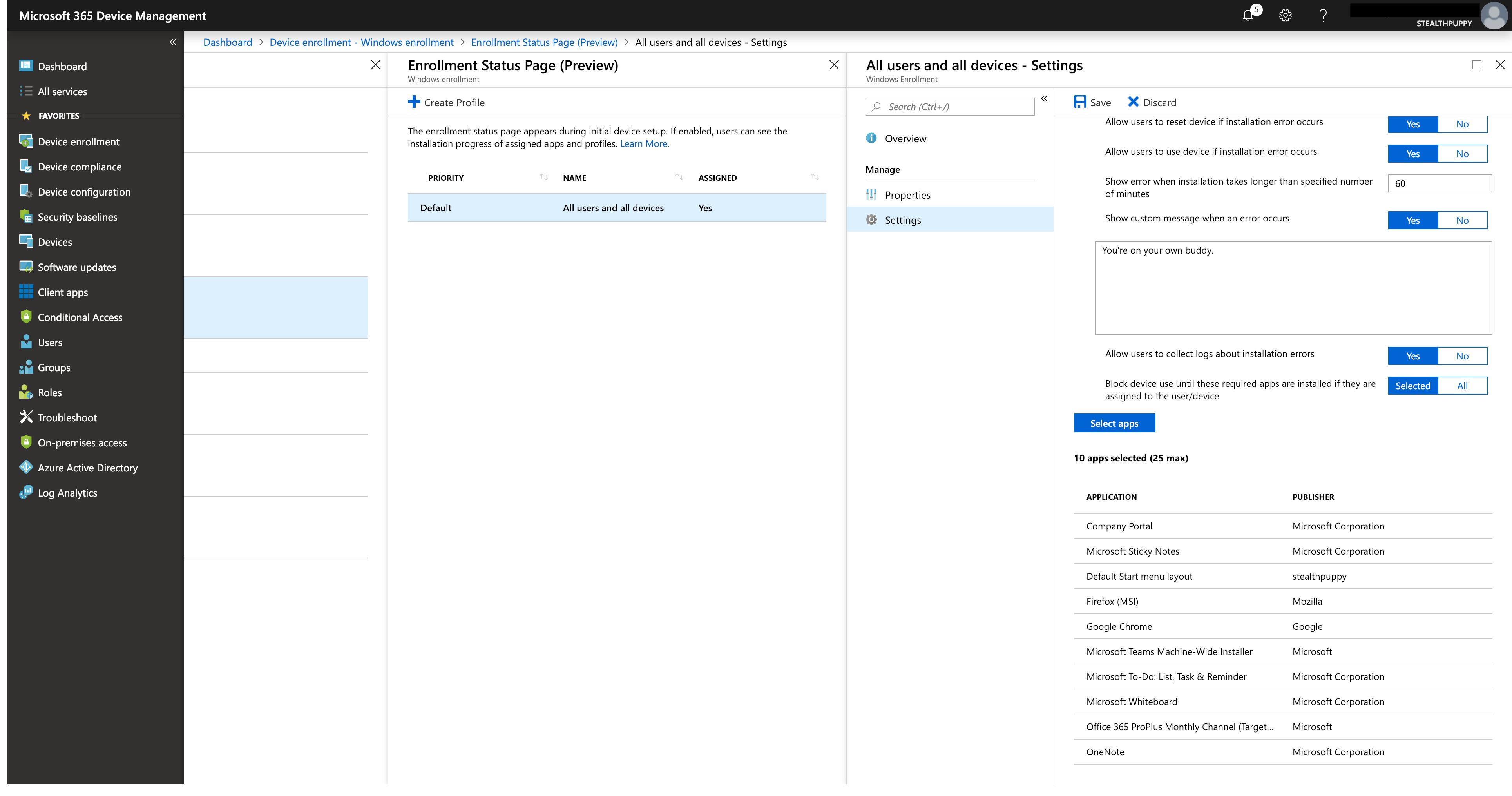 Configure the Enrolment Status Page with the list of apps and the default Start menu