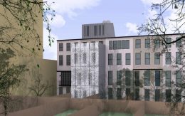 Proposed rear of 210 East 62nd Street, with shutters closed