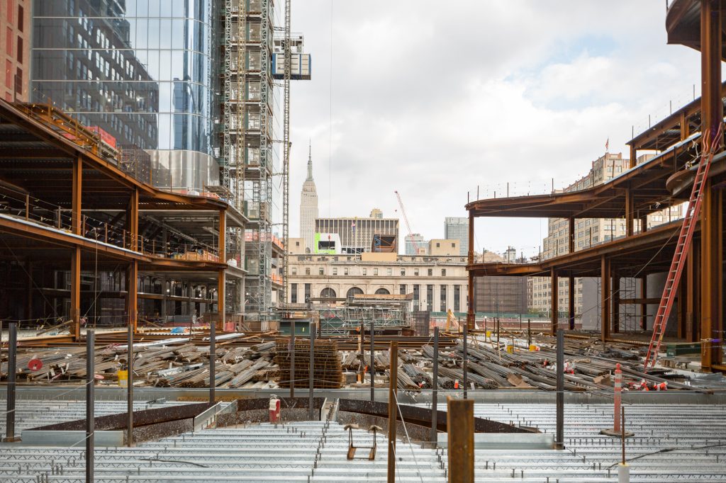 Retail courtyard for Manhattan West taking shape with the old Post Office building across the platform, image by Andrew Campbell Nelson