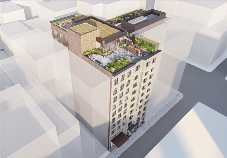 Aerial Rendering of proposed alterations and rooftop pavilion at 122 Fifth Avenue - Studios Architecture