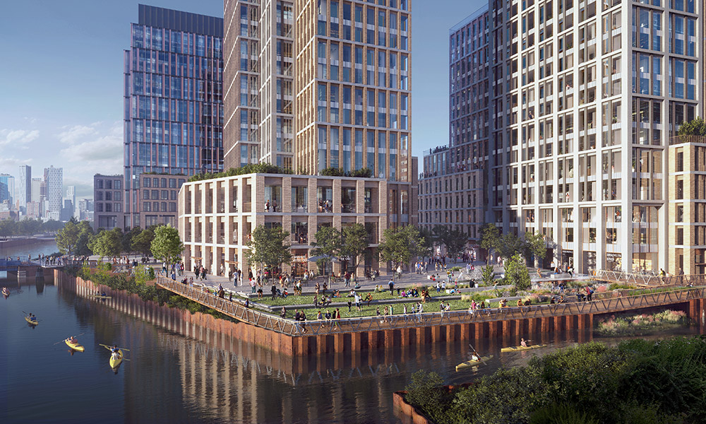 Rendering of the rezoned Gowanus waterfront and public esplanade along Carroll Street - Gowanus Forward