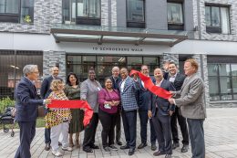 Brooklyn Borough President Eric Adams and 'The Fountains' project team celebrate the completion of construction- Photo by Gerri Hernandez