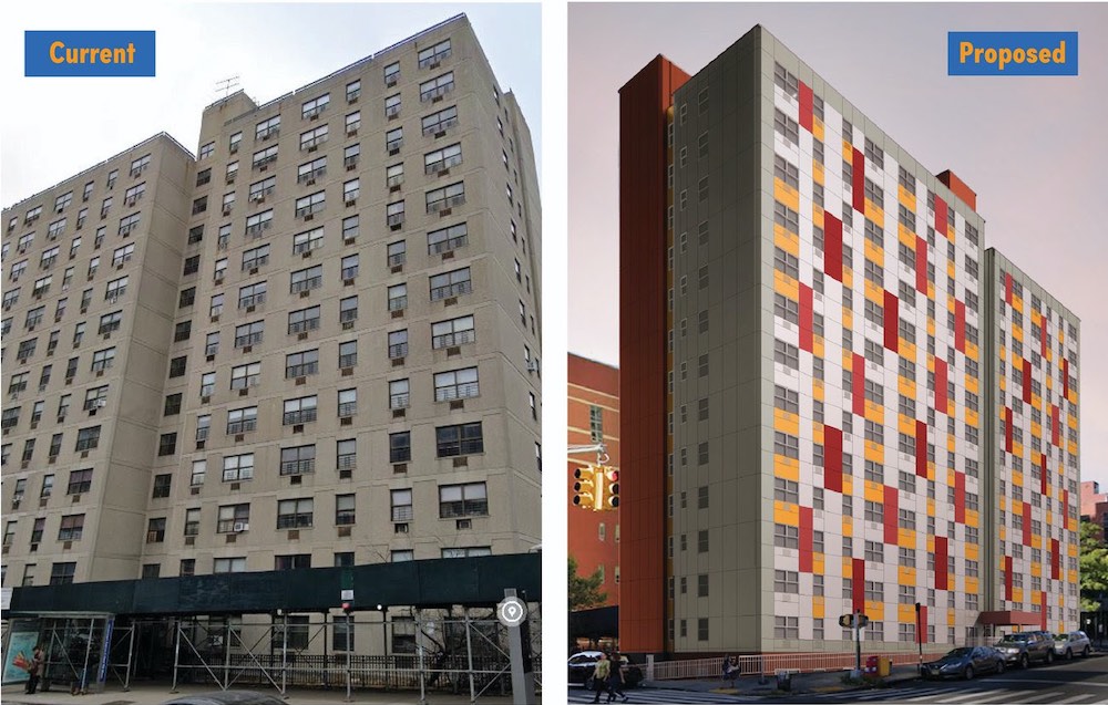 Existing facade conditions (left) and rendering of a new facade at NYCHA's Thurgood Marshall Plaza