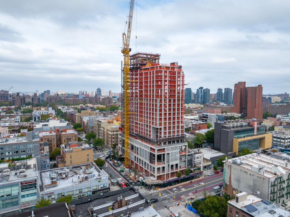 Aerial view of construction at the National Black Theatre and Ray Harlem tower - Photo by Brett Tiagwad