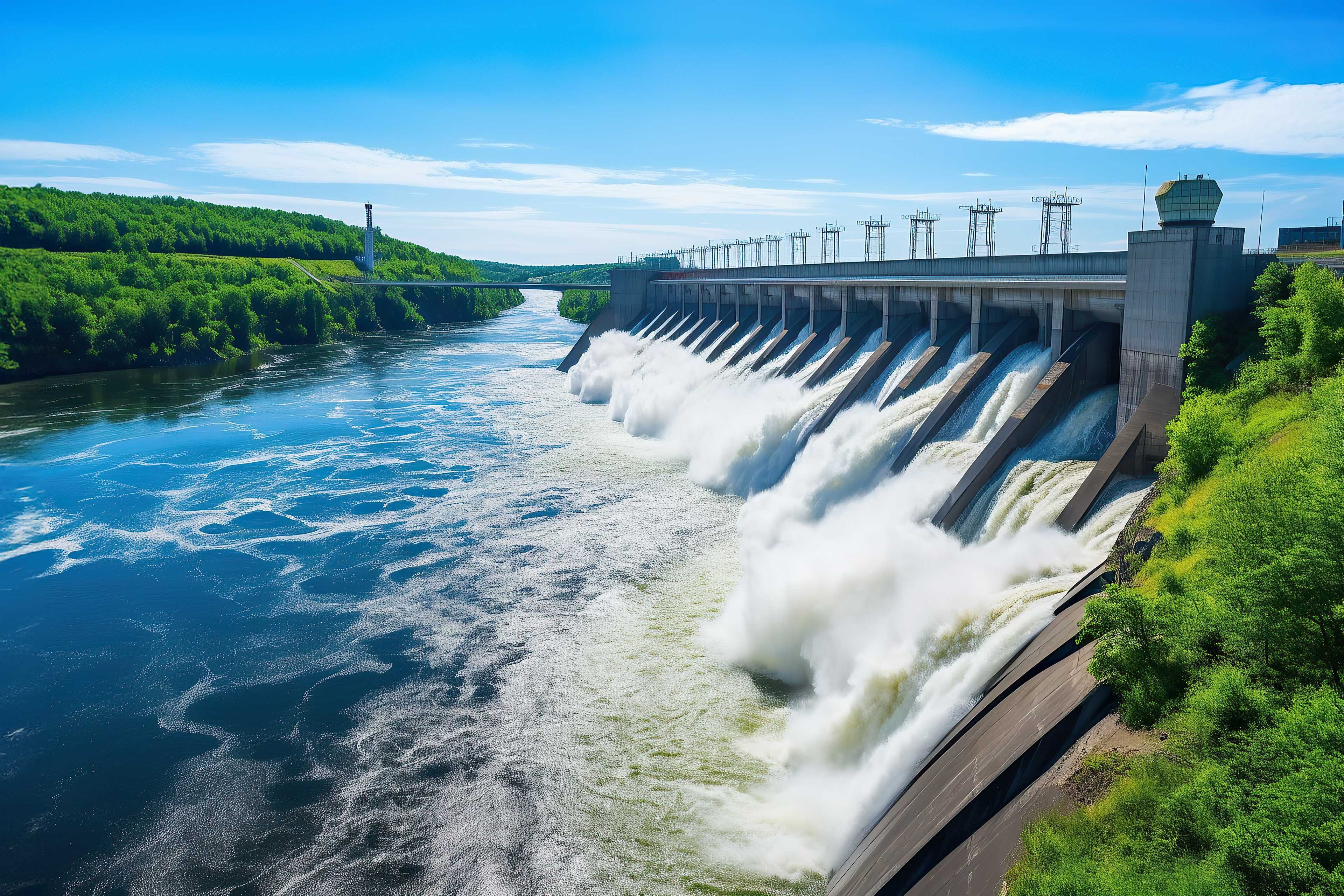 Wide shot of hydroelectric dam releasing water