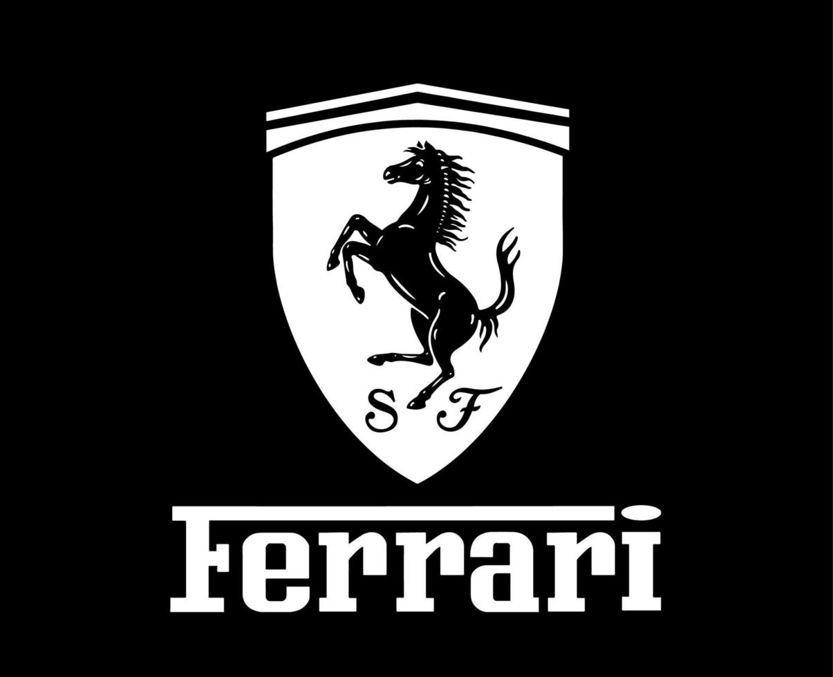 Ferrari Logo Brand Car Symbol With Name White Design Italian Automobile Vector Illustration With Black Background