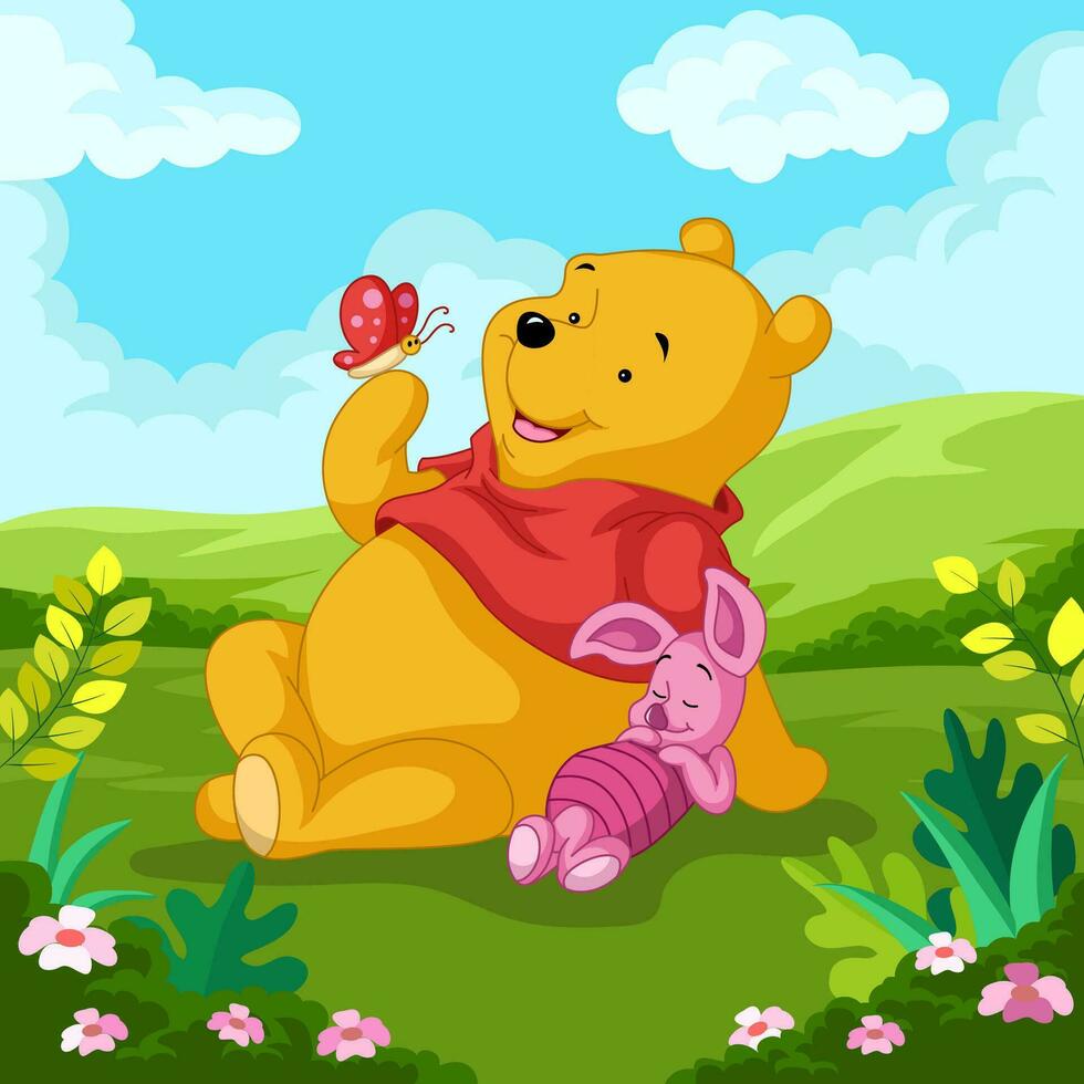 Cute Bear and Friend in The Nature Concept vector