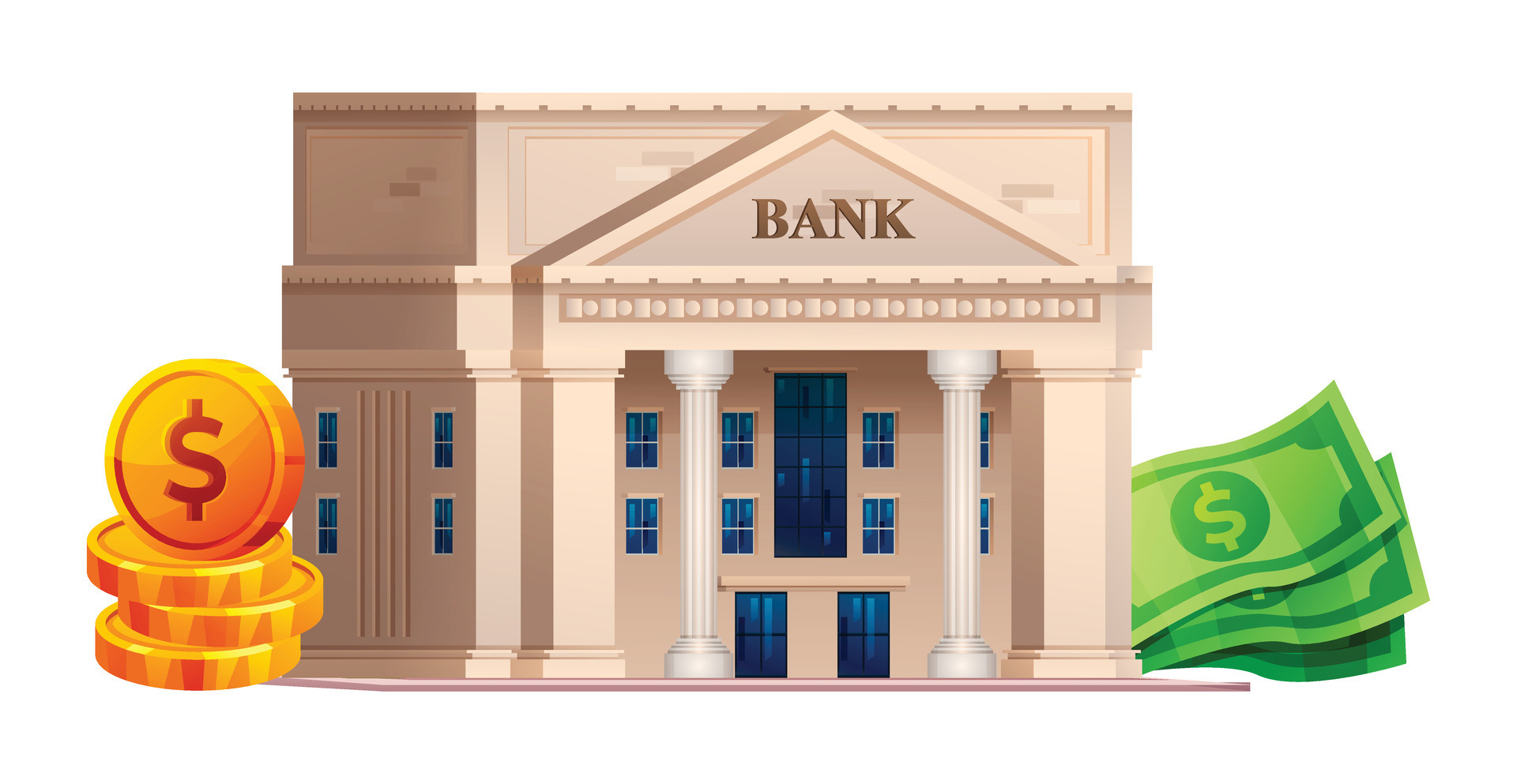 Bank building with banknotes and coins. Banking finance concept. Vector ...