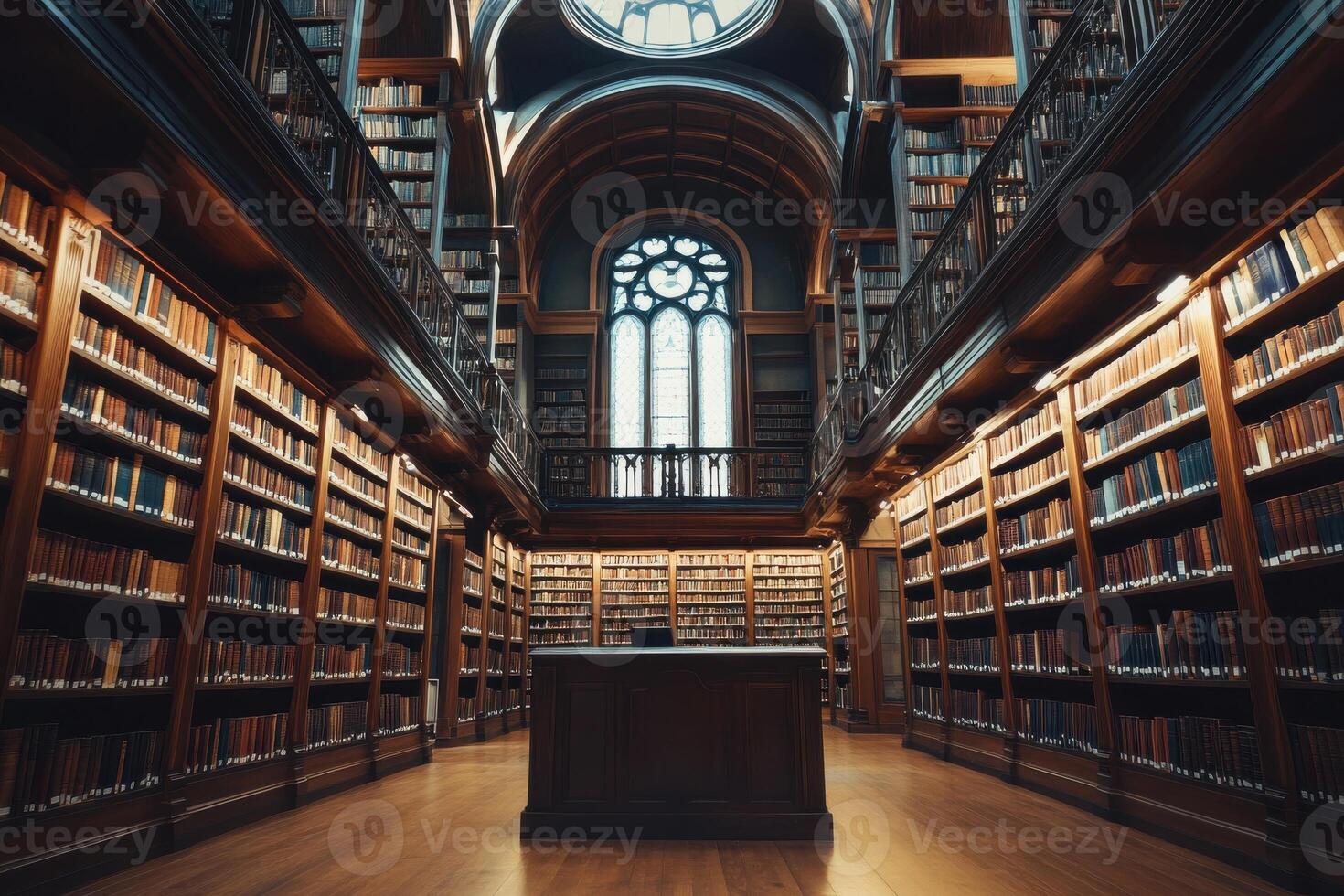 Grand interior of a historic library filled with books and ornate architecture during daylight photo