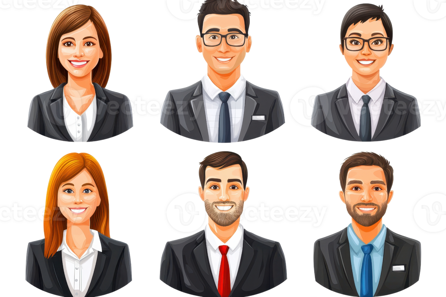 illustration of six business professionals in suits, smiling and looking forward, isolated on a transparent background. png