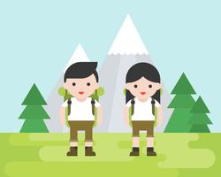 Hiking concept, cute hiker character with equipment vector