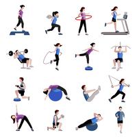 Fitness men women flat icons set vector