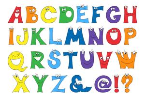 Letras infantiles en el dibujo animado. Conjunto de letras brillantes multicolores para inscripciones. vector