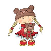 A cute little girl in a teddy bear hat in a smart red dress, with a teddy bear in her hands. vector