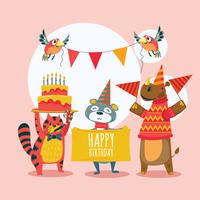 Vector Set of Cute Animals Celebrating Birthday with lots of Gifts and Cakes