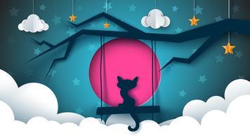 Cat illustration. Cartoon night landscape. vector