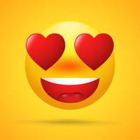 Cartoon emoticons with love on Valentine's Day. eyeball red heart shapes on bright yellow background. vector