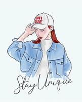 stay unique slogan with girl in jacket illustration vector