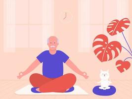 Senior Man with Cat Meditating in Lotus Pose vector