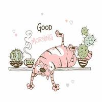 Funny cat sleeping on a shelf with cacti vector