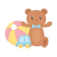 kids zone, teddy bear plastic ball and car toys vector