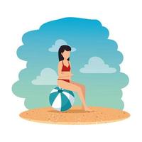 woman with swimsuit seated in balloon on the beach vector