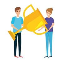 young couple lifting trophy cup award vector