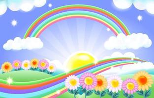 Fondo de arco iris brillante colorido con ilustración de campo de flores vector