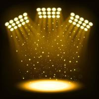 Gold bright stadium spotlights on dark background Vector Illustration