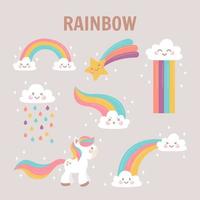 expresivas nubes y unicornios que dejan rastros de arco iris vector