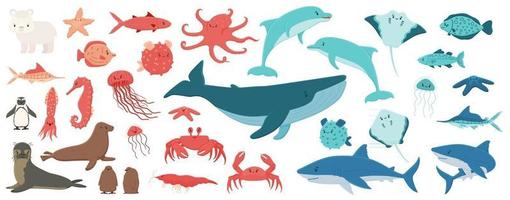 Big set of cartoon isolated sea ocean north animals in flat style vector