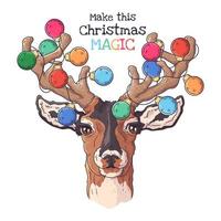 Hand drawn portrait of deer in Christmas accessories Vector. vector