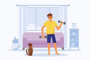 Guy does workout at home with dumbbells. Man and brown cute cat training in modern room. Vector flat  characters illustration. Fitness training exercises, healthy lifestyle, relaxing time at home