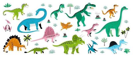 Cute Dinosaurs set with tropic tree vector