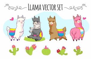 cute llama vector set with various cactus