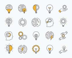 Brainstorm icons set. Artificial light, brain, lightbulb, creative, Development, knowledge, brainstorming, brainstorm solution. Vector Illustration