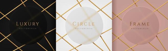 Set of white, rose gold, black circle frame with golden tube overlap design. Abstract 3D backdrop for cosmetic product. Collection of luxury geometric background with copy space. Top view. Vector EPS