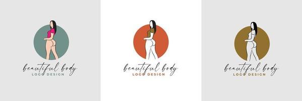 Silhouette and line art of beautiful woman body and female fitness logo template collection vector