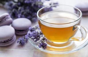 Cup of tea with macaroon dessert with lavender flavor photo