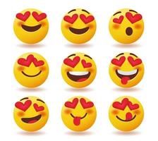 Emojis love characters vector set. Valentine emoticons character in love facial expression with heart eyes element isolated in white background for romantic emoji collection design.