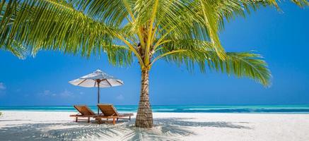 Beautiful tropical island scenery, two sun beds, loungers, umbrella under palm tree. White sand, sea view with horizon, idyllic blue sky, calmness and relaxation. Inspirational beach resort hotel photo