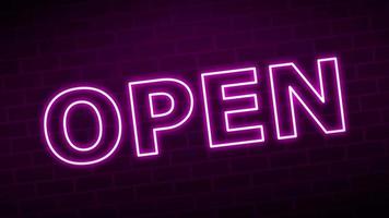 Purple neon Open sign with flicker on black brick background video