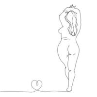 Beautiful naked woman plus size. Drawn in art line, continuous line modern style, isolated vector illustration on white background. Concept love yourself and body positive. Curvy female figure.