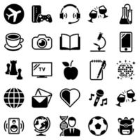 Set of simple icons on a theme Hobbies, entertainment, vector, design, collection, flat, sign, symbol,element, object, illustration. Black icons isolated against white background vector