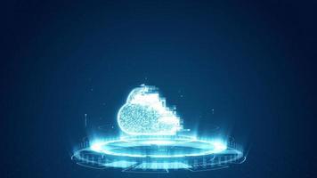 Motion graphic of Blue digital cloud logo with futuristic technology circle rotation and levitation particle on abstract background video