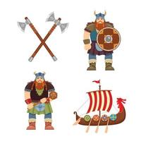 Viking character, weapon and boat. Vector set. Cartoon style, flat vector illustration.