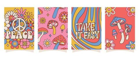 Groovy trippy A4 posters set with flowers, mushrooms, lettering quotes. Modern retro abstract design. Abstract trippy psychedelic smile pattern. 60s, 70s. Rave psychedelic banner. Vector illustration.