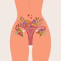 Reproductive illustration of a woman's body, pelvis, uterus and flowers. Vector illustration.