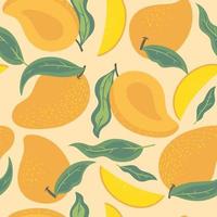 Seamless pattern with mango and leaves. Vector graphics.