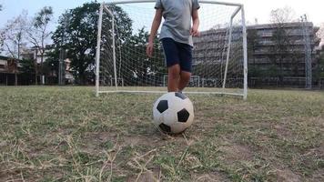 menino está jogando futebol futebol em campo verde - pessoas com objetivo vencedor de esporte ao ar livre objetivo sucesso concep video